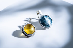 Silver earrings with amber and enamel "Sun & Sea"