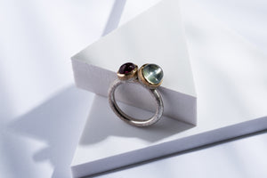 Silver ring with gold details moon & tourmaline stones