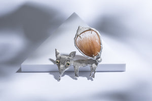 Silver brooch FOX with gold details, emeralds & rutile quartz