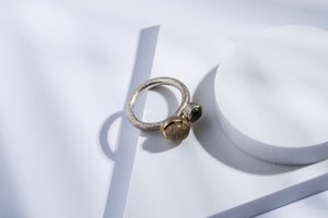 Silver ring with gold details rutile quartz & peridot stone