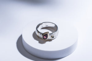 Silver ring with gold details, garnet & London topaz stones