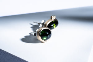 Silver gold earrings with green tourmaline stones