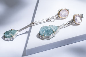 Silver earrings with gold details, pink quartz & aquamarine stones