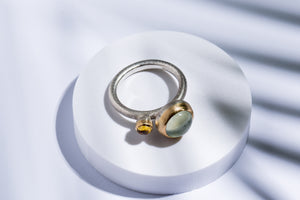 Silver ring with gold details prehnite & citrine stones