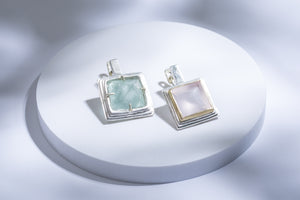 Silver earrings with gold details, pink quartz & florite stone